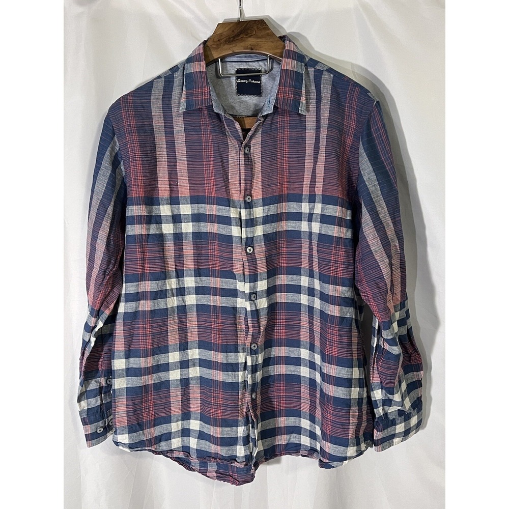 Tommy Bahama Mens Blue Red Plaid Check Button‎ Up Linen Shirt Preppy Coastal  XL